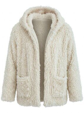 Love Tree Faux Fur Hooded Teddy Jacket Ivory Shag Fleece Coat Women's Size S